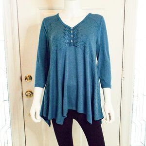 UNITY WORLD WEAR TEAL GREEN 3/4 SLEEVE SHARK BITE TUNIC - MEDIUM